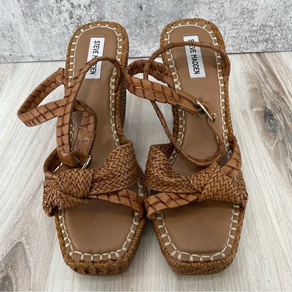 Steve Madden Jylan Woven Wedge Sandals Cognac Brown 11 New - Picture 4 of 11